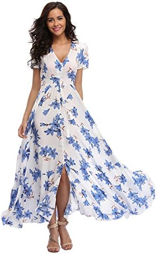 FerrendoWomen's Floral Maxi Dress Button Up Split Flowy Bohemian Party Beach Dresses