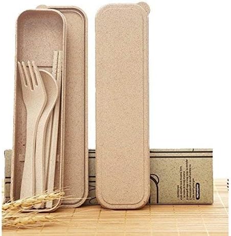 jileSM Portable Travel Wheat Straw Tableware Set (Set of 3pcs, Beige)
