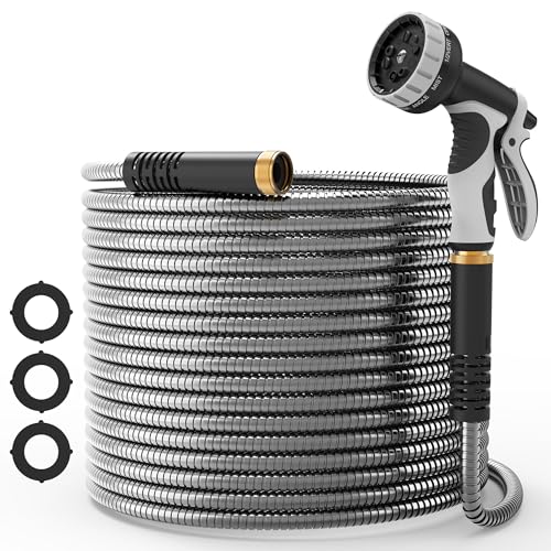 NEYCIL 100ft Stainless Steel Garden Hose, Heavy-Duty Water Hose with 10 Function Nozzle, Puncture Proof, No-Tangle, No-Kink, Garden Hose for Yards, Car Washing & Outdoor Cleaning