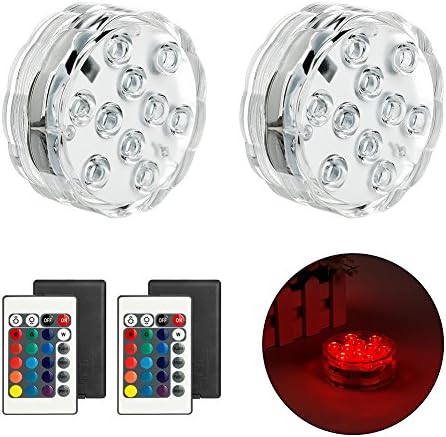 Remote Control Battery Operated Submersible LED Lights-10 Leds RGB Pool Lights Multi Color Waterproof Accent Light for Pond, Aquarium, Vase Base, Party-2Pack