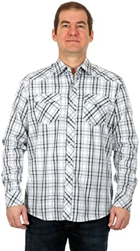 Mens Western Long Sleeve Pearl Snap Plaid Shirt (XXL, Gray/Blue)