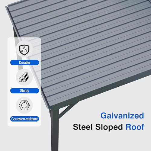 Domi 8x10FT Lean to Gazebo, Outdoor Hardtop Wall Mounted Gazebo with Sloping Galvanized Steel Roof, Upgraded Heavy Duty Mounted Shelter with Drainage System for Deck, Porch, Backyard, Grey