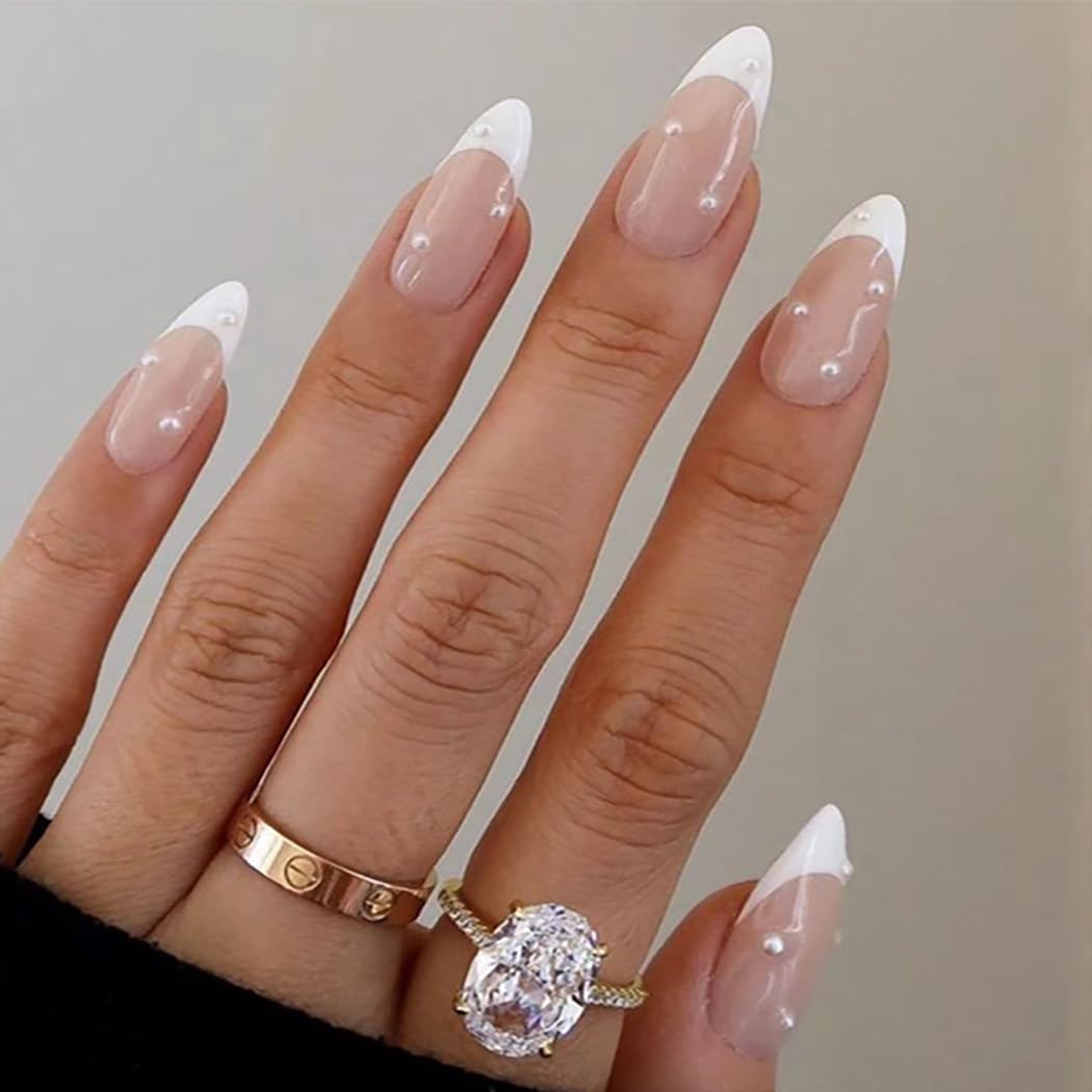 Brishow French Pearl Press on Nails - Almond Pink Ballerina Acrylic Fake Nails for Bride Wedding - 24pcs for Women and Girls — image 1