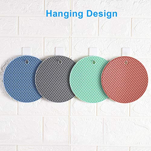Silicone Trivets Pot Mat Round,Pan Pot Holders Set Heat Resistant Non Slip Silicon Hot Dish Trivet for Kitchen Dining Table BPA Free Honeycomb Thick Heavy Duty 7 inch 4 Pack (Grey,Blue,Green,Pink)