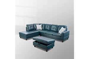 A Ainehome Sectional Sofa Faux Leather Modern L Shaped Couch Set 103.5”Wide Including Chaise and 3 Seating Sofa with Storage Ottoman for Living Room Furniture (Left Hand Facing, A-Denim)
