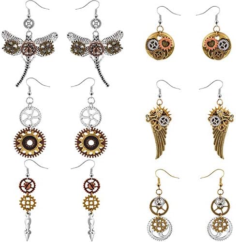 6 Items Steampunk Earrings Classic Clockwork Earrings Clock Gear Earrings Vintage Combine-tone Drop Earrings, 6 Types