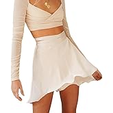 ATHX Women's Silky Satin Mini Short Skirt Adjustable Self Tie High Waist Flowy Casual Short Skater Skirt