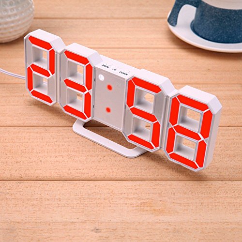 LED Digital Alarm Clock For Desk / Shelf / Tabletop, Modern Home Decoration 3D Wall Clock, Easy To Read at Night, Loud Alarm and Snooze, Big Digit Display (White Frame, Red Light) - Thumbnail 3