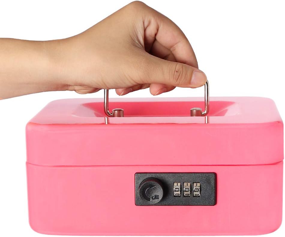 Parrency Cash Box with Combination Lock, Safe Metal Small Locking Box with Money Tray, 7 4/5" x 6 4/5" x 3 3/5", Pink - Image 5