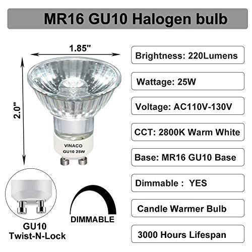 Vinaco NP5 GU10 120V 25W Bulb Candle Warmer, 6 Pack gu10+c 120v 25w