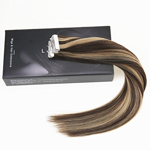 LaaVoo 18 inch Silky Straight Skin Weft Human Hair Extensions Piano Color #4 Dark Brown to Color #18 Ash Blonde PU Remy Human Hair Extension 50Grams Per Package