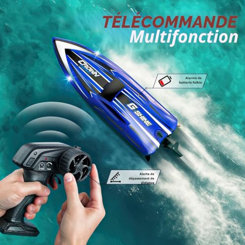 35km/h Waterproof 2.4GHz RC Boat with LED and Flip Function, Water Cooled, Dual Battery, Range and Battery Alarm, Ideal for Kids and Adults, Swimming Pool and Lake