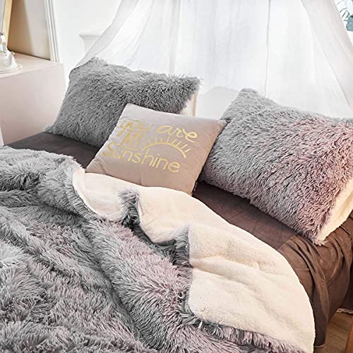 UOZZI BEDDING Gray Faux Fur Comforter Set King 3 Pieces 1 Shaggy