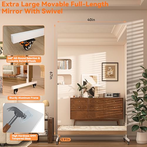 Hasipu Home Gym Mirror 360° Swivel on Wheels, 67" x 40" Extra Large Full Body Rolling Mirror, Tempered Glass Easy to Move Full Length Mirror for Yoga Studio, Bedroom, Dancing Studio, White