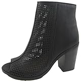 Soda Women's Anajay Laser Cut Stacked Heel Peep Toe Bootie