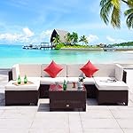 Cloud Mountain 7 PC Patio PE Rattan Wicker Furniture Set Backyard Sectional Furniture Set Outdoor Patio Garden Sectional Sofa Set, Cocoa Brown Rattan with Creamy White Cushions