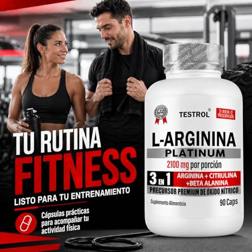 Arginina Platinum 2100mg por porción | L Arginina + L Citrulina + Beta Alanina | Pre Workout | Pre Entreno sin Cafeina | Precursor de Oxido Nítrico | Testrol TSN (90 Cápsulas).