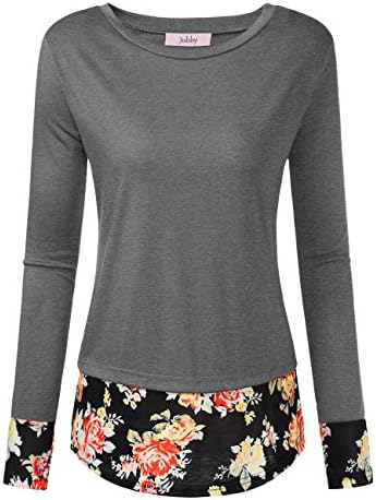 Jubby Women's Floral Print Round Neck Color Block Knit Long Sleeve Tunic Top M Dark Grey