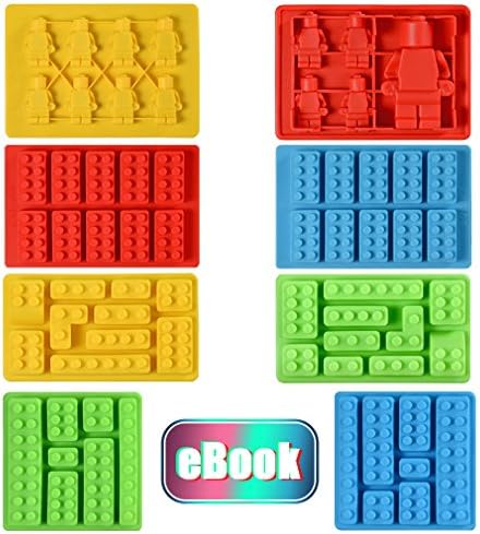 Silicone Candy Molds Chocolate Tray - Ice Cube Molds Building Blocks and Robots for Lego Lovers, Cake Decorating, Making Candy, Crayon, Set of 8 with Recipe E-book