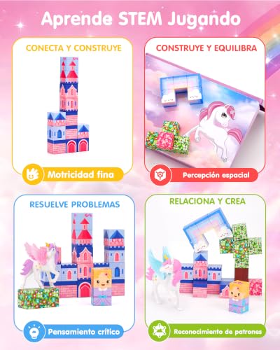 hahaland Construcciones Magneticas de Viaje, Unicornio Cubos Magneticos | 50 Piezas Magneticas Niños con 2 Unicornio, Juego Imanes Creativo, Bloques Magneticos Construccion para Niños 3 4 5 6 años