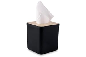 POJAH Square Tissue Box Cover,Black Tissue Box Holder,Bamboo Facial Cube Box Cover for Storage on Bathroom Vanity, Countertop, Bedroom Dresser