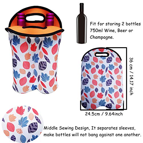 QAZSE Neoprene Wine Tote Bag 2-Bottle Carrier Reusable Thicken Durable Insulated Champagne Bottle Gift Bags for Travel, Party, Picnic, Colorful Leaves