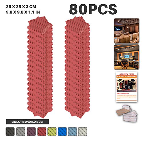 Ace Punch 80 Pack RED Egg Crate Acoustic Foam Panel DIY Design Studio Soundproofing Wall Tiles Sound Insulation with Free Mounting Tabs 9.8" x 9.8" x 1.2" AP1052
