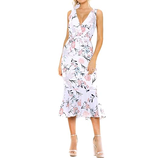 CUTUDE Damen Kleider Röcke Kurzarm Sommerkleider Frauen Floral Bodycon Elegantes ärmelloses Rüschen Midikleid Partykleid