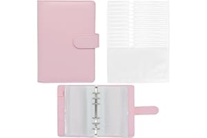 Twavang 15 PCS A6 Binder Pockets with PU Leather Notebook Binder Cover Refillable 6 Round Ring Binder Set for Personal Planner Organizer, Budget Binder, Savings Binder (Light Pink)