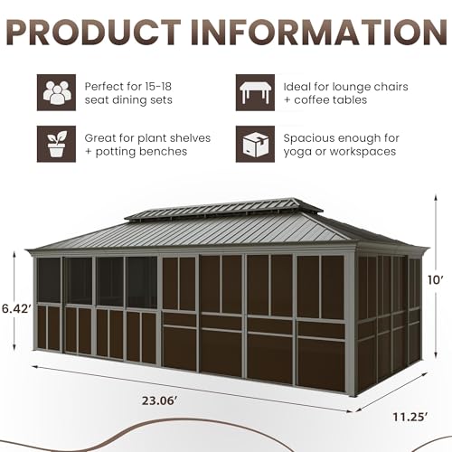 EROMMY 12x24 Enclosed Hardtop Gazebo Sunroom with Sliding Doors, Galvanized Steel Roof image 18