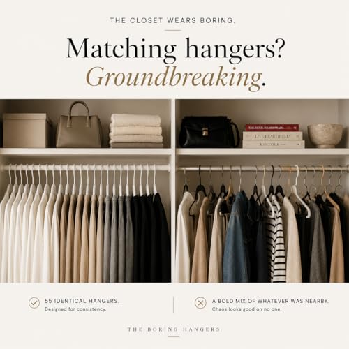 The Boring Hangers White Plastic Hangers 55 Pack - 10 lb Heavy Duty Plastic Clothes Hangers for Closet - 0.25" Thin, Slim & Space Saving White Coat Hangers for Shirts, Dresses, Jackets, Pants