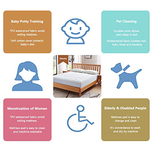 Ubauba Queen Waterproof Mattress Pad, Cotton Pillow Top Mattress Cover with Down Alternative Filling, Fluffy Mattress Topper All Season Mattress Protector