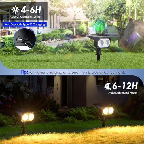 Quntis 3 Color Change 6 Pack Solar Spot Lights,Warm White/Cool/Natural, IP65 Waterproof &Type-C Charge Solar Lights Outdoor for Rain Winter, Wall/Ground Landscape Spotlights for Garden Yard Patio Path