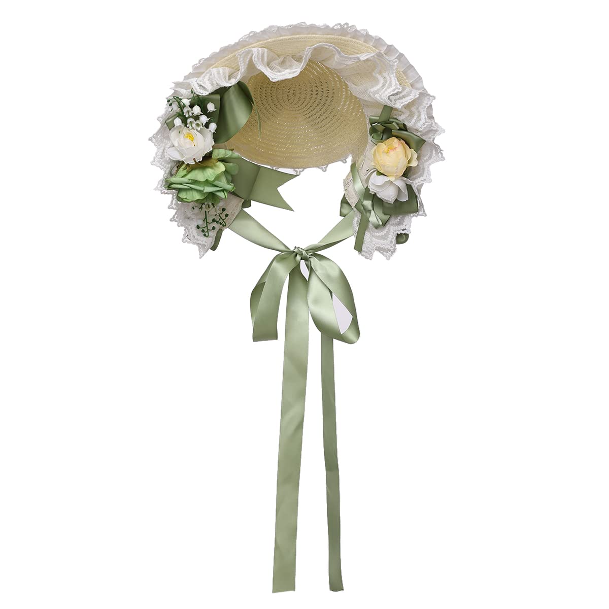 COSDREAMER Women Victorian Bonnets Lace Flowers Tea Party Hats (Light Green) — image 1