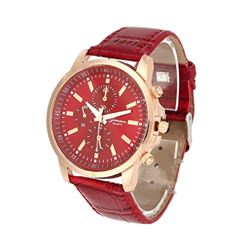 Unisex FASHION Watch, Prettymenny Casual Faux Leather Quartz Analog Wrist Watch (Red)