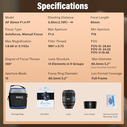 SIRUI Aurora 85mm F1.4 Full Frame for Sony E Mount, Telephoto Prime Lens, Auto Focus Cameras Lens, Lightweight Cine lens, ideal for Portrait, Wedding, Compatible for FX6, A7 Series, A9, ZV-E1, ZV-E10