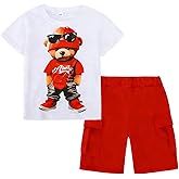 Cakaner Boys' 2-Piece Summer Outfit Short Sleeve Graphic T-Shirt and Cargo Shorts Set Toddler to Big Kid Size 5-10