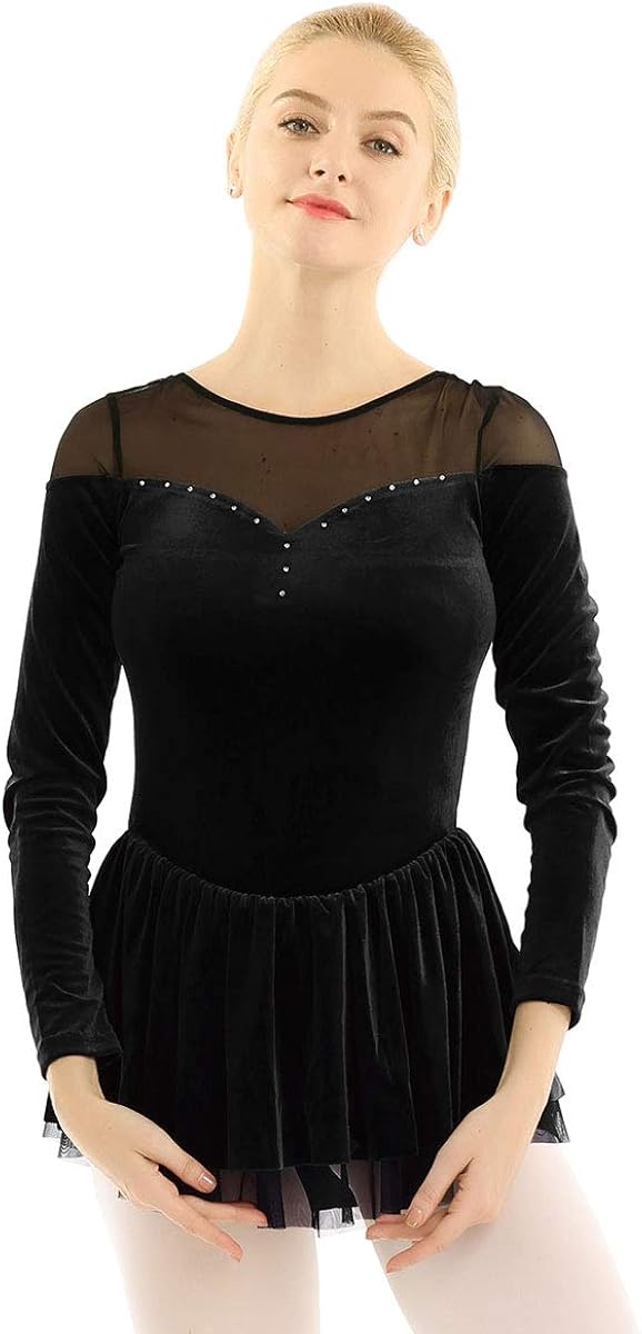 Agoky Women's Double Layer Mesh Shoulder Velvet Long Sleeve Dance Leotard Dress Figure Ice Skating Wrap Skirt: Clothing