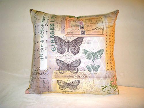 Butterflies Pillow Cover Botanical Fabric Butterfly Nature Black Letters Script Stamps Numbers Green