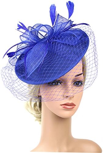 Fascinator Hat Pillbox Party Hat Feather Veil Flower Derby Hat with Clip and Hairband for Women (Blue)