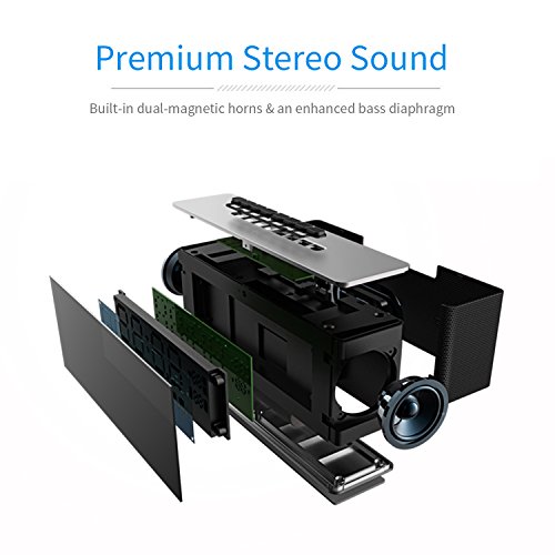 Wireless Bluetooth Speaker with Alarm Clock, Portable Stereo Speaker, Dual Alarm Clock Gray Bedside, Built-in Mic, LED Nightstand Clock and Large LED Dimmable Display