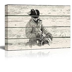 Rustic Scene of a Cowboy on His Horse on a Wooden Background - Canvas Art Home Art - 12x18 inches