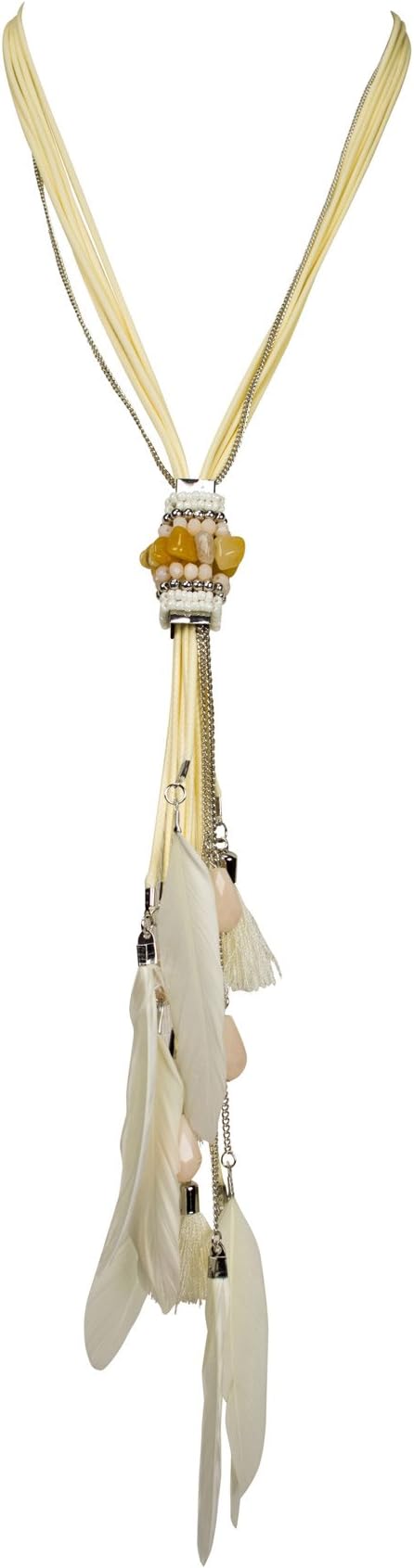 Gilda® Feather Charm Necklace, Gemstones and Tassels Unusual Jewellery Beige Cream Ivory Champagne Cord Chain Boho Ypsilon