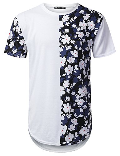 URBANTOPS Mens Hipster Hip Hop Half Panel Floral Longline T-Shirt White, L