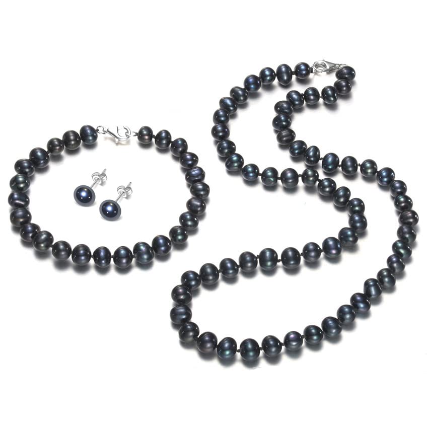 Treasure Bay Elegant Black Pearl Jewellery Set for Womens and Girls Made From 7-8mm Natural Black Freshwater Pearls Necklace, Bracelet and Earrings
