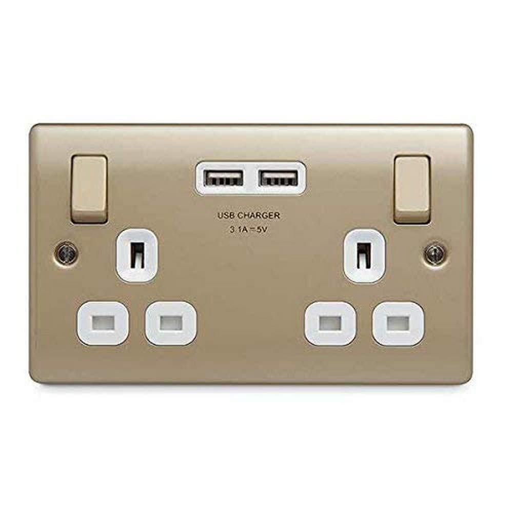 BG Electrical NPR22U3W Nexus Metal Pearl Nickel Double Switched 13A Power Socket With USB Charging - 2X USB Sockets (3.1A) White Insert