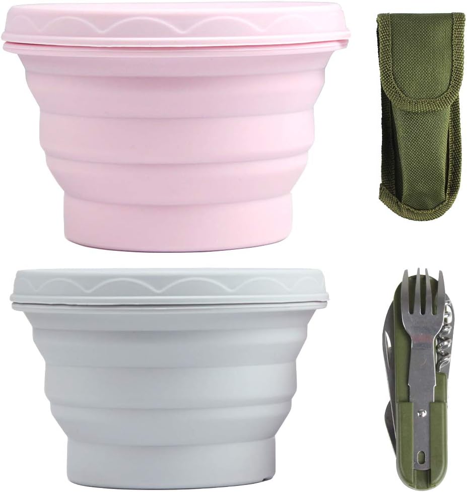 Camping Equipment Set, Knife and Fork Combo Cooker, Foldable Camping Equipment Set, Multifunctional Life-Saving Food Set, 2 Foldable Food Grade Silicone Bowls and 2 Sets of Outdoor Camping Tableware