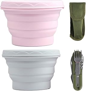 Camping Equipment Set, Knife and Fork Combo Cooker, Foldable Camping Equipment Set, Multifunctional Life-Saving Food Set, 2 Foldable Food Grade Silicone Bowls and 2 Sets of Outdoor Camping Tableware