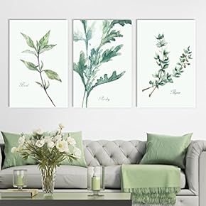 3 Panel Watercolor Style Plants of Basil and...
