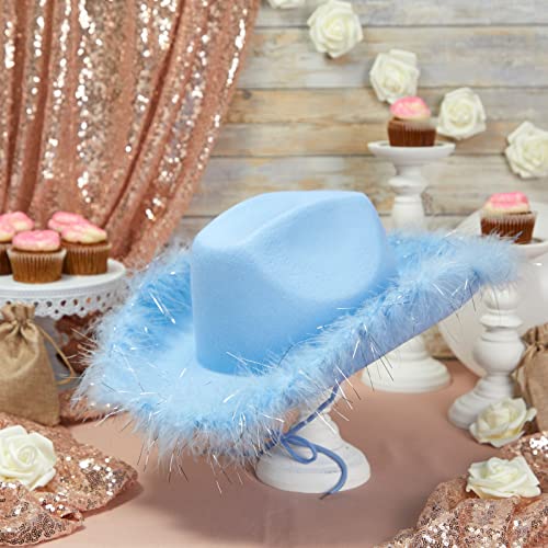 Zodaca Light Blue Cowboy Hat for Men and Women with Feathers
